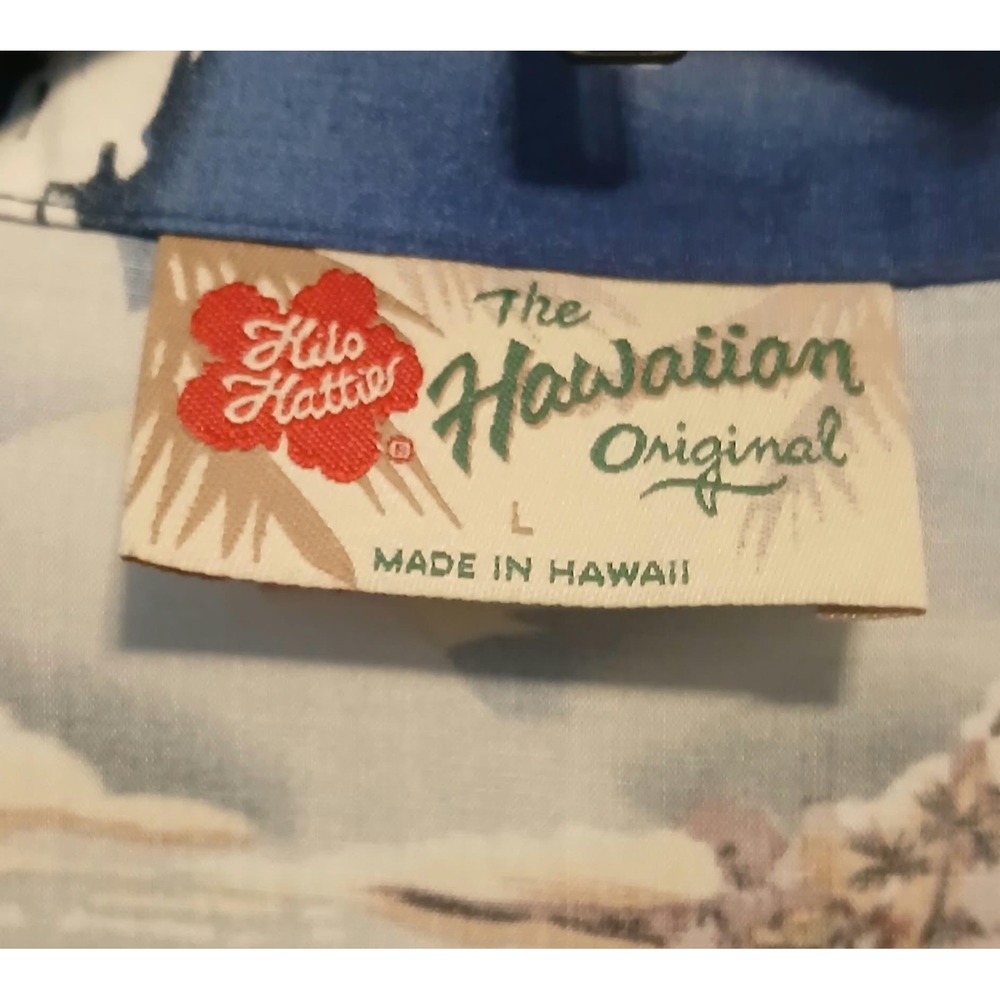 Hilo Hattie Hawaiian Original Shirt Mens Large Blue Tropical Palm Tree Rayon L - Picture 3 of 4